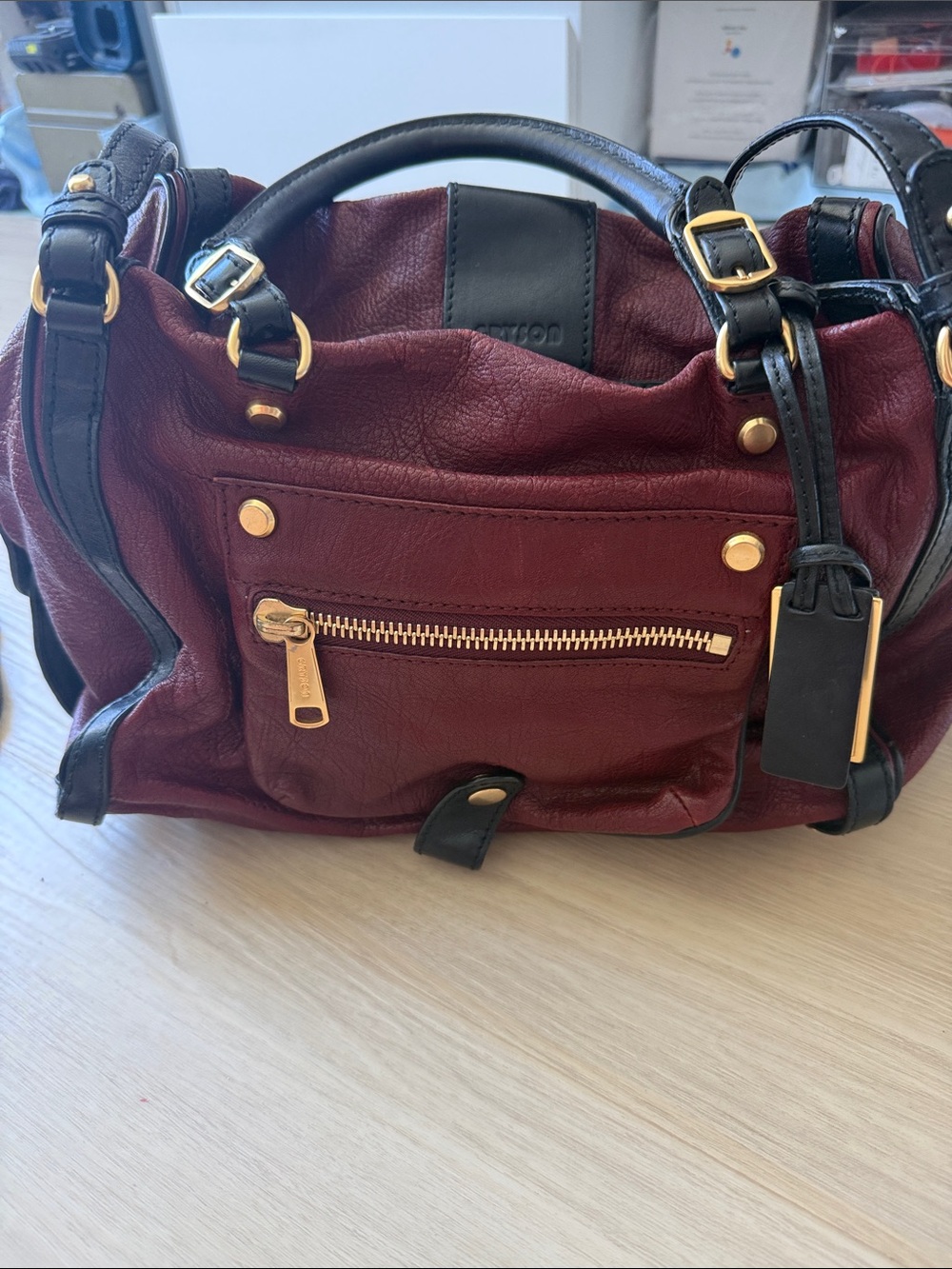 Gryson Wine Burgundy Leather Shoulder Bag with Black Trim
